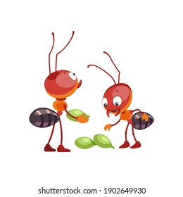 Caricatura Las hormigas rojas trabajan en equipo. El concepto de colaboración. El insecto de fuego naranja construye un nido y recoge comida para el invierno. Ilustración vectorial aislada en fondo blanco.