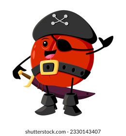 Cartoon red apple fruit pirate and corsair character with eye patch, sword, and tricorn hat searches for treasure in the high seas. Isolated vector garden fruit sea dog personage wear buccaneer attire