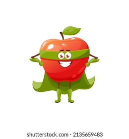 Cartoon Red Apple Fruit Superhero Character. Vector Funny Super Hero Mascot In Mask And Green Cloak Smiling, Stand With Arms Akimbo. Fairy Tale Cartoon Smiling Apple Hero