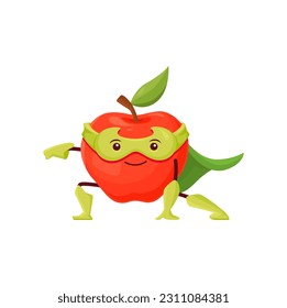 Cartoon red apple fruit superhero character. Vector funny super hero vigilante in mask and green cloak smiling and posing. Isolated fairy tale plant comics book personage for kids menu or game