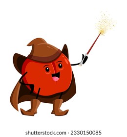 Cartoon red apple fruit wizard or magician character. Vector necromancer personage with magic wand. Funny wiz in brown cape and hat with playful smiling face. Cute sorcerer garden fruit, healthy food