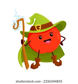 Cartoon red apple fruit wizard or magician character. Vector necromancer personage with magic staff. Funny wiz in green cape and smiling face. Sorcerer garden fruit, healthy vitamin food enchanter