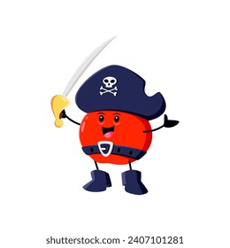 Cartoon red apple pirate and corsair character. Isolated vector fruit personage wear tricorn hat and saber, radiating fruity swashbuckling spirit, sails the orchard seas in search of juicy treasures