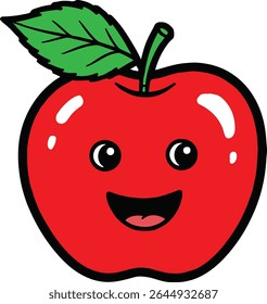 A cartoon red apple with a smiling face and a green leaf attached to its stem.