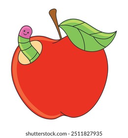 Cartoon red apple with worm and green leaf Vector