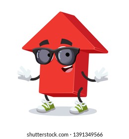 cartoon red arrow Up character mascot in black sunglasses on a white background