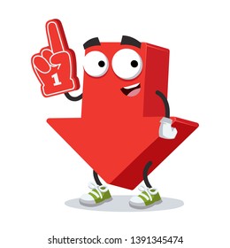 cartoon red arrow Down character mascot with the number 1 one sports fan hand glove on a white background