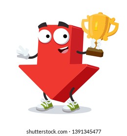 cartoon red arrow Down mascot holds the number one cup on white background