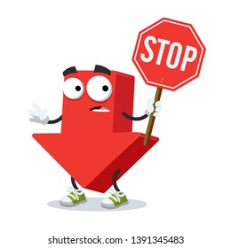 cartoon red arrow Down mascot with tablet stop in hand on white background