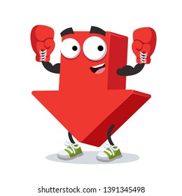 cartoon red arrow Down mascot in red boxing gloves on white background