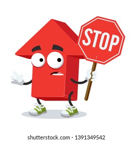 cartoon red arrow Up mascot with tablet stop in hand on white background