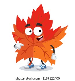 cartoon red autumn maple leaf mascot showing himself on a white background