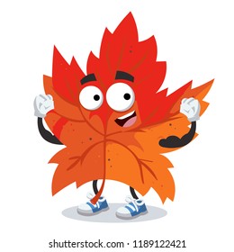 cartoon red autumn maple leaf mascot shows its strength on a white background
