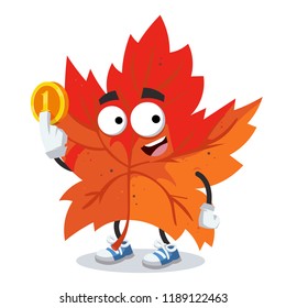 cartoon red autumn maple leaf mascot keeps the coin on white background