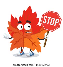 cartoon red autumn maple leaf mascot with tablet stop in hand on white background