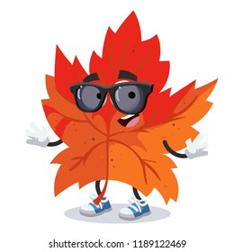 cartoon red autumn maple leaf character mascot in black sunglasses on a white background