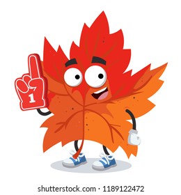 cartoon red autumn maple leaf character mascot with the number 1 one sports fan hand glove on a white background