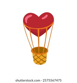 Cartoon red balloon in heart shape. Cute sticker  for Valentine's day. Clip art vector illustration isolated on white background
