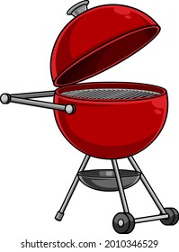Cartoon Red Barbecue Grill. Vector Hand Drawn Illustration Isolated On Transparent Background