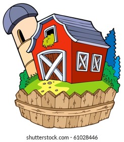 Cartoon Red Barn With Fence - Vector Illustration.