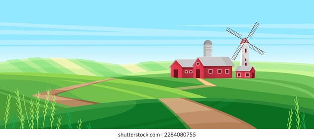 Cartoon red barn, silo tower and wind power generator, rural road to farmhouse buildings, path through green hills. Farm house with windmill in village spring summer landscape vector illustration