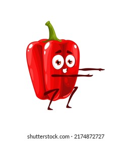 Cartoon Red Bell Pepper Character, Vector Paprika Personage Squatting. Sport Mascot Healthy Lifestyle, Vegetable With Funny Face Workout Training, Garden Plant Exercising Sports Activity In Gym