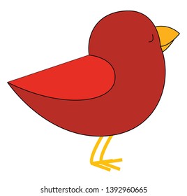 Cartoon red bird with dark red plumage  yellow feet  and beak  is standing with its eyes closed  vector  color drawing or illustration