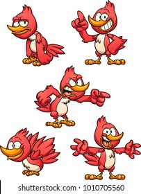 Cartoon red bird in different poses. Vector clip art illustration with simple gradients. Each on a separate layer. 

