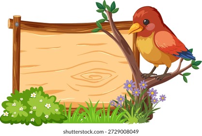 Desenho animado pássaro vermelho no galho da árvore perto de placa de madeira em branco, cercado por grama e flores