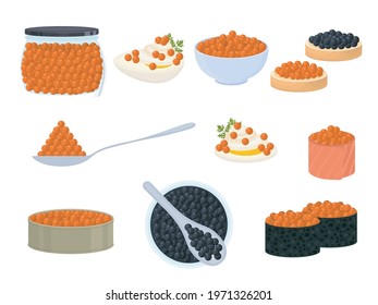 Cartoon Red and Black Caviar Icons Set Flat Design Style Include of Can and Spoon. Vector illustration of Fish Roe Icon