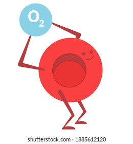 Cartoon Red Blood Cell Carrying Oxygen. Vector Illustration Of Red Blood Cell Hemoglobin And Oxygen For Infographics, Banner, Icon, Motion Design. Medicine Picture. 