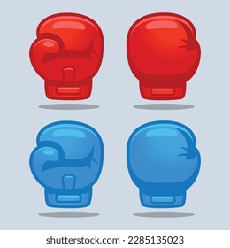 Cartoon red and blue boxing glove icon, front and back. Isolated vector flat design illustration.