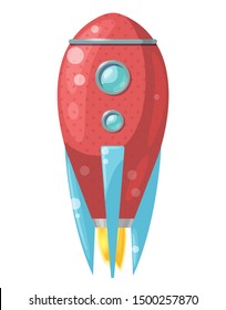 Cartoon red and blue rocket with flame isolated on white background. Vector