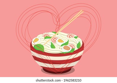 Cartoon red bowl with noodle soup, ramen illustration.