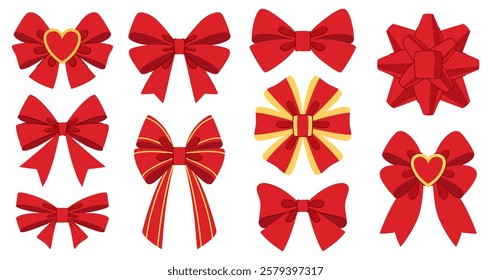 Cartoon red bows set. Gift holiday bows for Christmas, Valentine's Day, Birthday and other holidays. Romantic decorations with hearts. Red and gold colors. Isolated on white background.