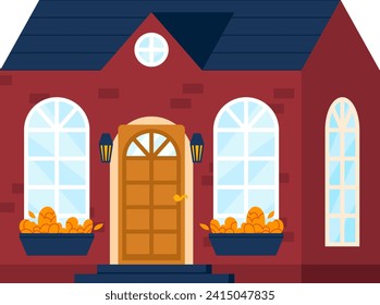 Caricatura de la casa de ladrillo rojo con techo azul, puerta y ventanas. Fachada de bonita casa de campo urbana con decoración vegetal. Acogedora ilustración exterior del vector de la ciudad.