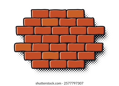 Cartoon red brick wall fragment in pop art style. Vector on transparent background