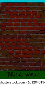 Cartoon red brick wall. Hight jail fence with green grass and blue sky 