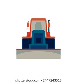 Cartoon red bulldozer tractor. Cultivation farm machinery. Industrial vehicle tractor, heavy loader truck with blade. Agriculture and farming, construction vector illustration isolated on white