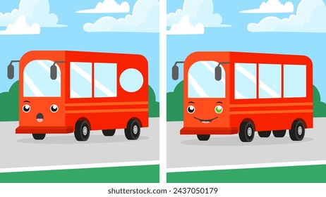 Cartoon red bus character. Vector illustration of a bus with eyes and mouth.