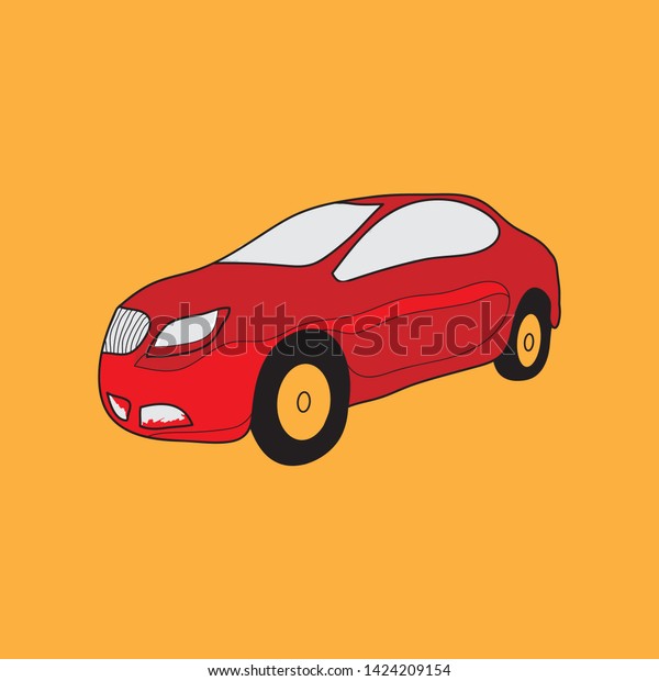 Cartoon red car\
drawing on yellow\
background.