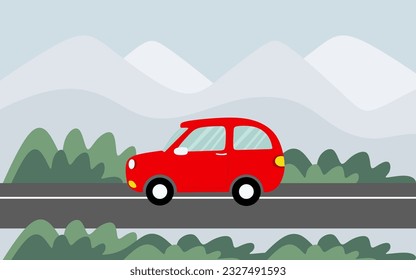 Cartoon red car on the road against the background of green hill and mountains silhouettes. Colorful automobile in flat style. side view. Concept of journey or travel. vector illustration