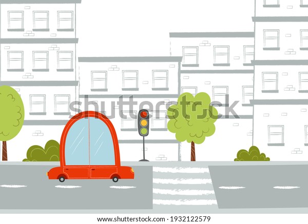 Cartoon red car on road. Street in\
the city. Cute texture hand draw illustration. Vector\
