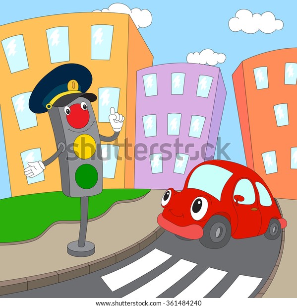 Cartoon red car and traffic lights on a\
pedestrian crossing. Vector\
illustration