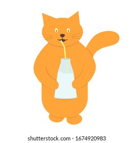 Cartoon red cat drinks milk from a bottle through a tube.