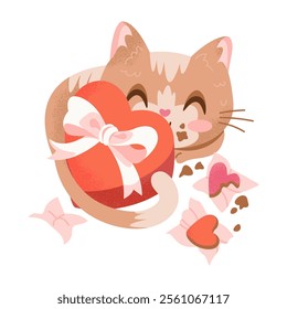 Cartoon red cat eating chocolate candy from gift box. Valentines Day character in love. Lovely ginger kitty. Romance concept pet. Cute textured hand drawn animal. Isolated flat vector illustration.