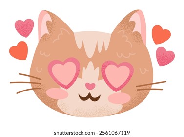 Cartoon red cat face with heart shaped eyes. Valentines Day character in love. Lovely ginger kitty head. Romance concept. Cute textured hand drawn animal. Isolated vector illustration in flat style.