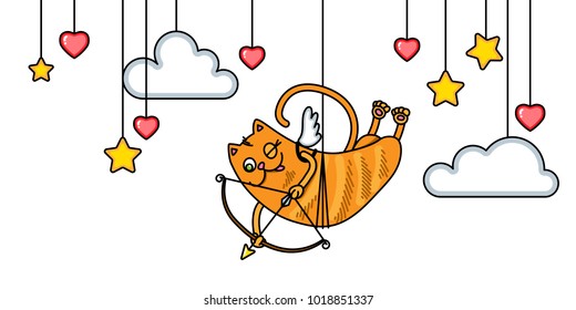 Cartoon red cat in the form of Cupid on background with clouds, stars and hearts. Funny illustration on the theme of Valentine's day.