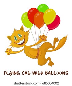 Cartoon Red Cat, Funny Pet, Smiling and Flying with Bundle of Colorful Balloons, Isolated on White Background. Vector