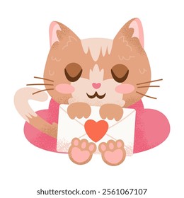 Cartoon red cat holding love letter in hands. Valentines Day character in love. Lovely ginger kitty with hearts. Romance concept. Cute textured hand drawn animal. Isolated flat vector illustration.